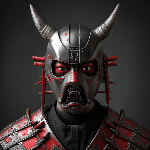 AI generated: Japanese samurai portrait, helmet, scary, eerie, all mask all red, a lot of details on the mask, mas...