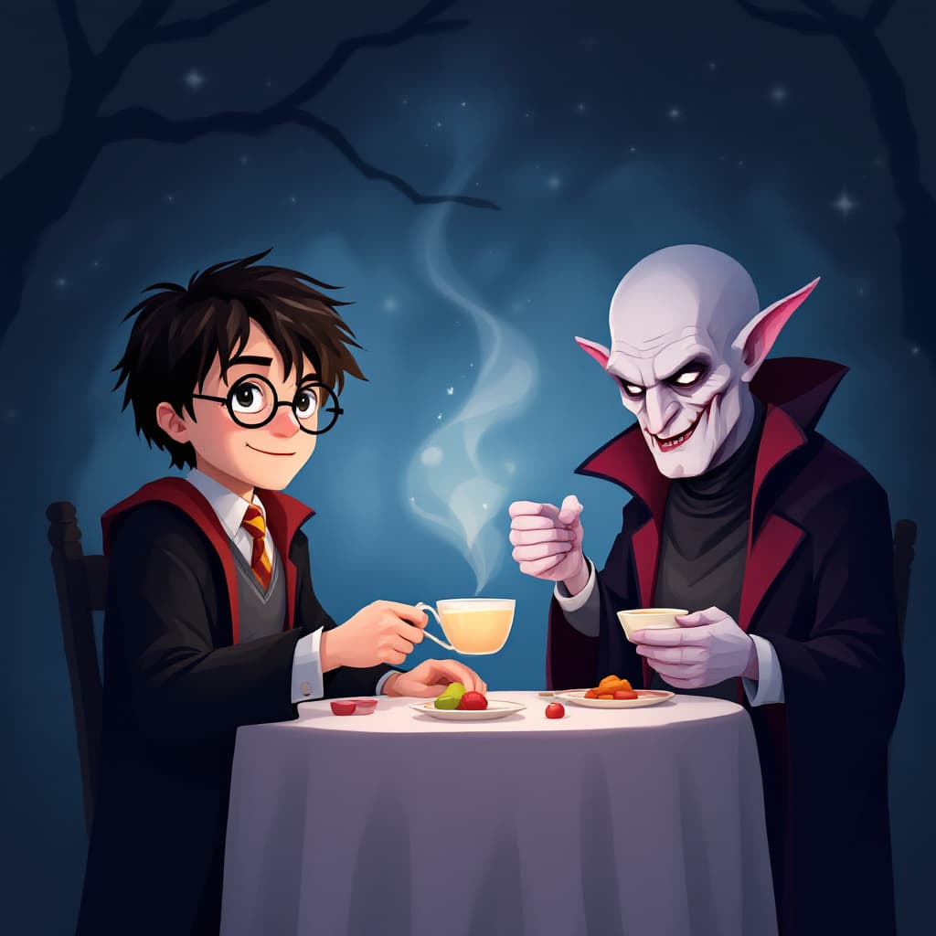 AI generated: Harry Potter and Voldemort having a tea party ((Hyperrealistic :3.3)) 1. *Magical Moments Brewing: A...