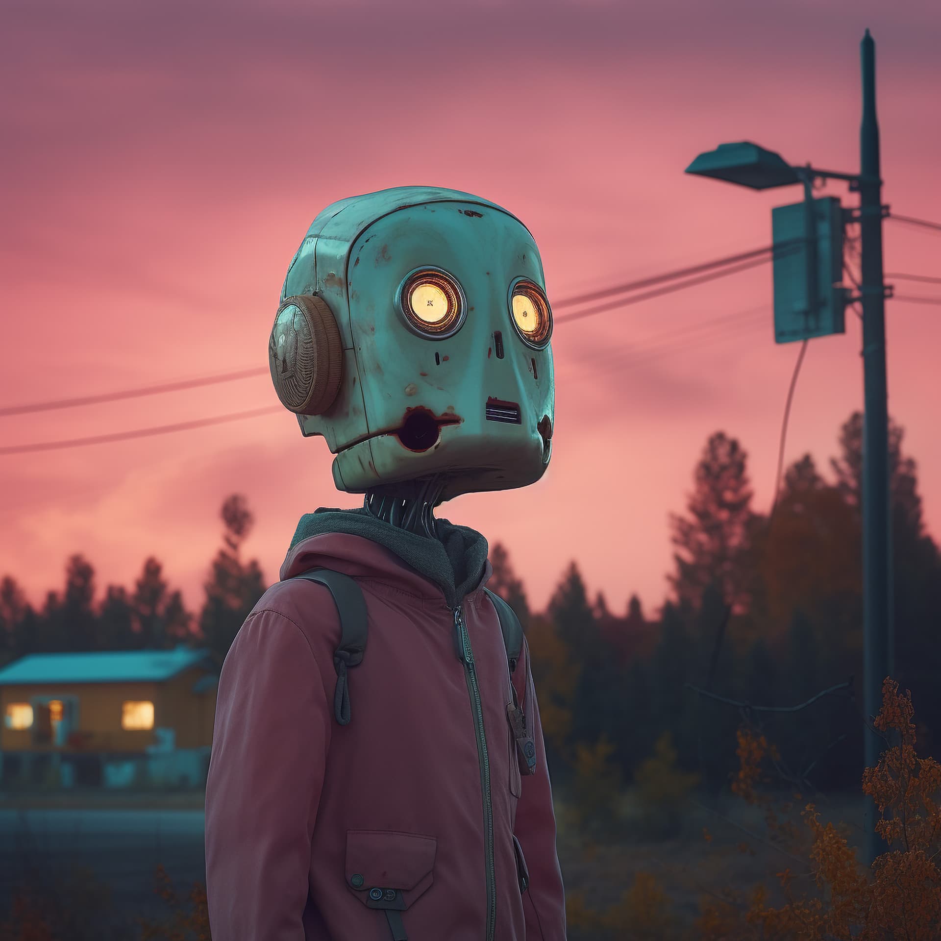 AI generated: portrait by Simon Stalenhag of a robot, ghost redshift, pastell-colors