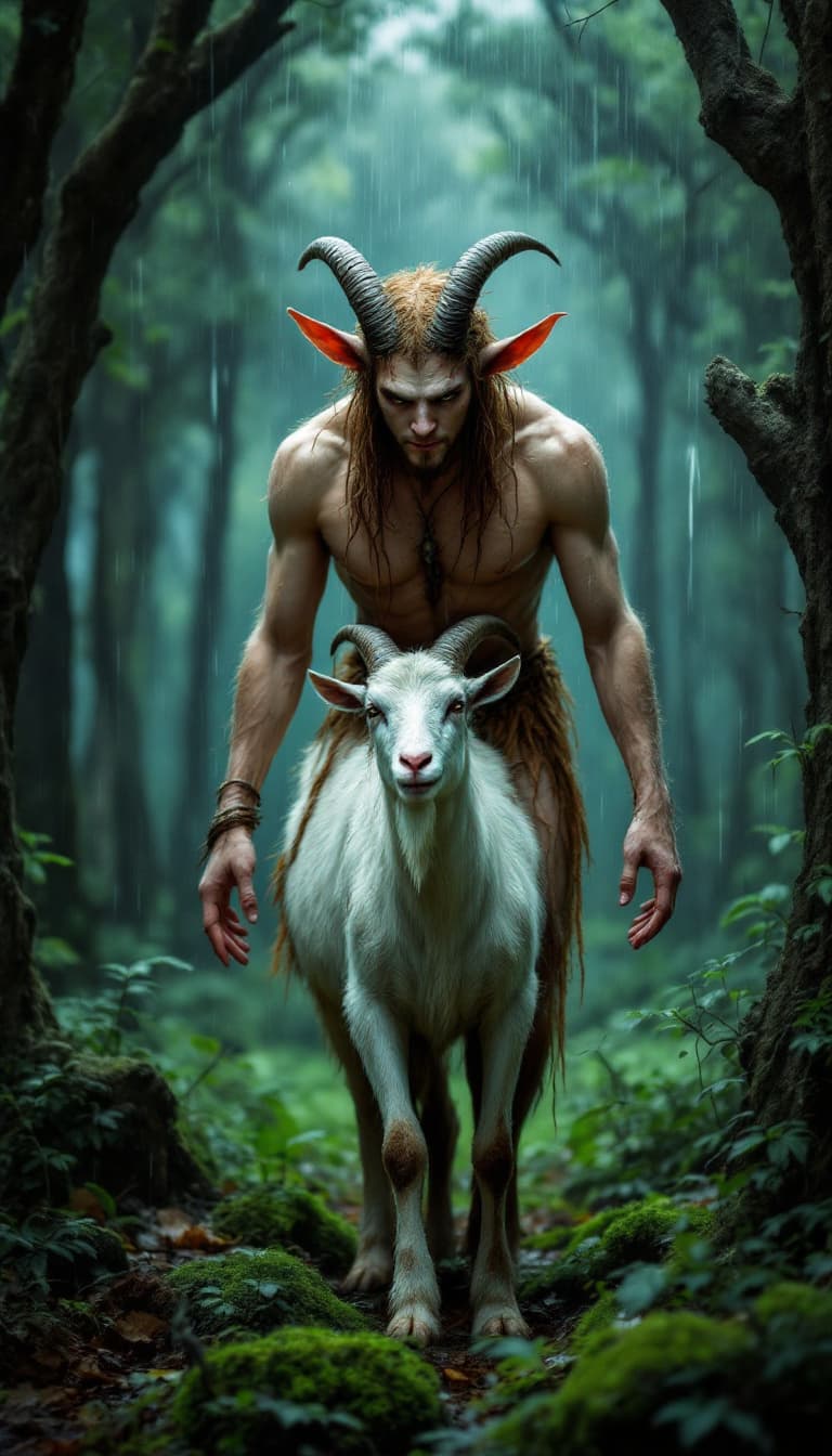 AI generated: A faun who is half human on top, half goat on the bottom. In the middle of a forest. It's raining.
