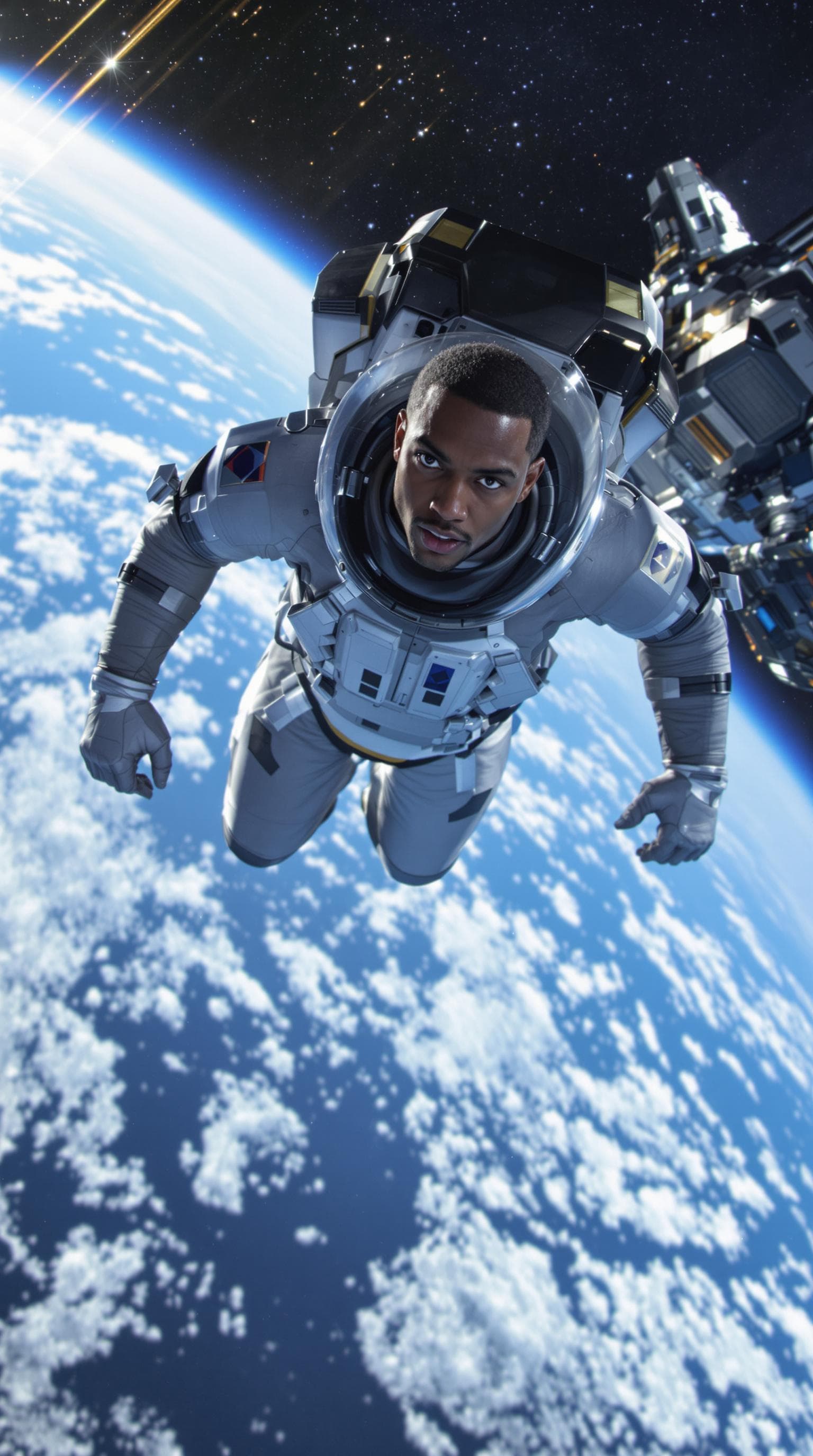 AI generated: portrait of dark skinned man, African, Ethiopian, man in futuristic space suit floating in space, ne...