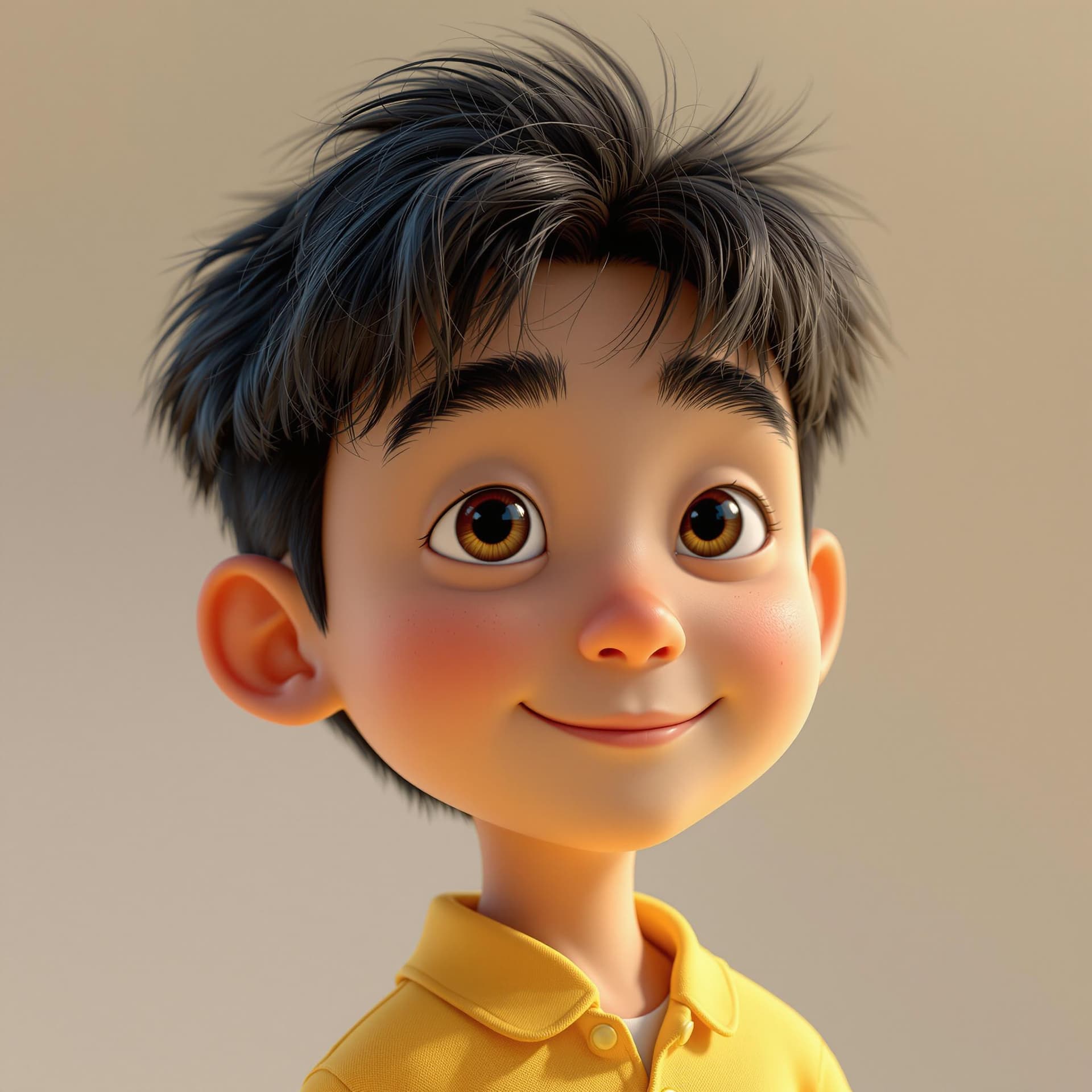 AI generated: A Chinese boy with black hair and yellow shirt, rendered in cinema4d style, charming character, I ca...