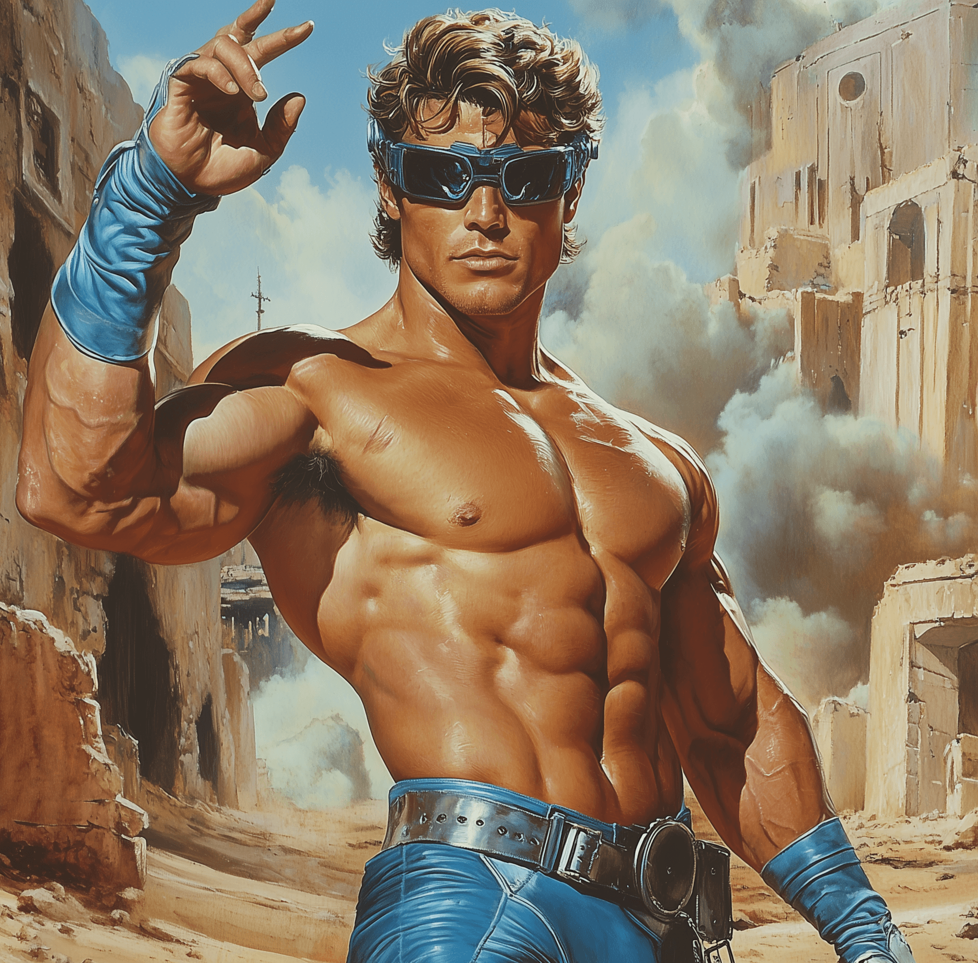 AI generated: A muscular man in blue body armor and futuristic goggles stands on the ground, abs, fit, waving his ...
