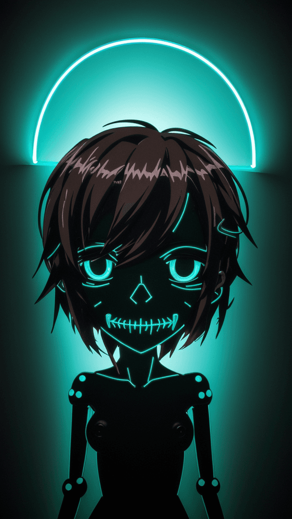 AI generated: a neon smashed up wall with a light coming out in the middle, in the style of anime art, skeletal, l...