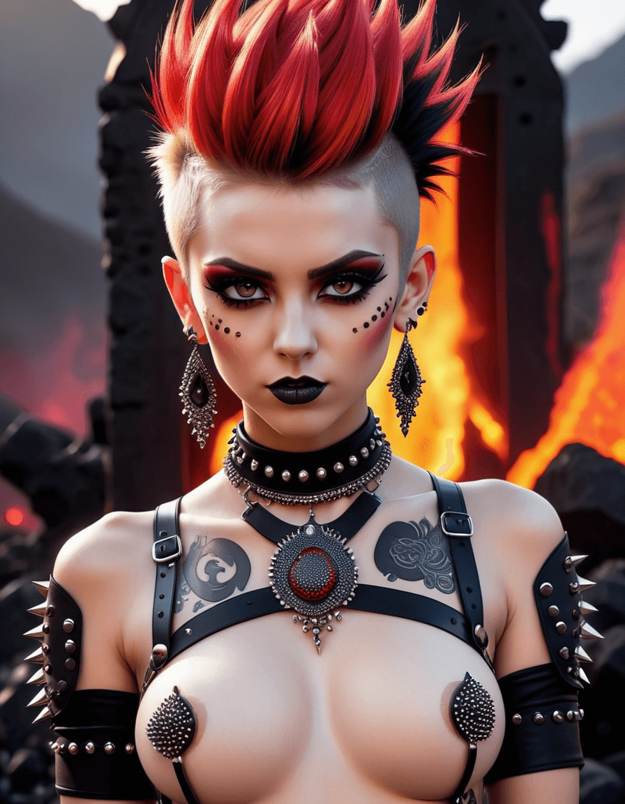 AI generated: NSFW, cartoon style, nude, a pale skinned woman with punk style Mohawk hair, perky breasts, perfect ...