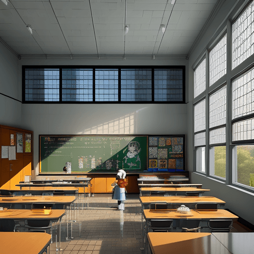 AI generated: Very realistic exterior photo of an old school in lego style, lego animals in the classroom, dayligh...