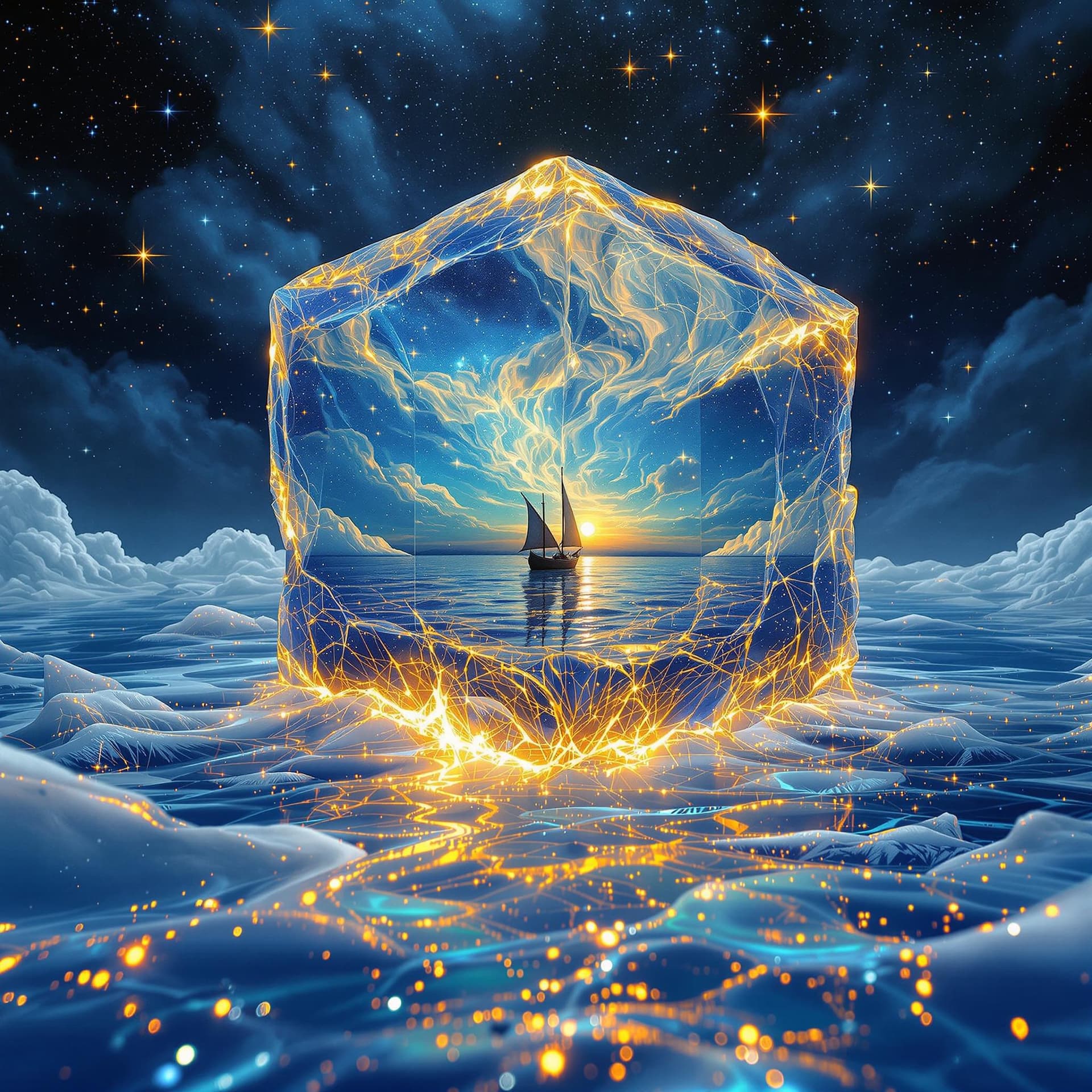 AI generated: A mystical melting ice-cube containing within it a surreal seascape with a boat and cosmic sky. Low-...