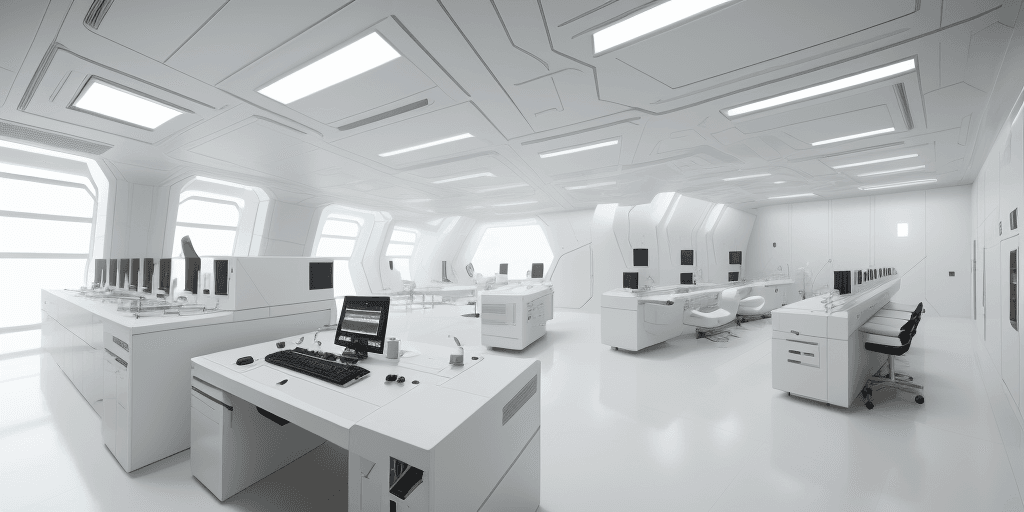 AI generated: A white laboratory, high-tech laboratory, futuristic design style, sci-fi-like interior space, simpl...