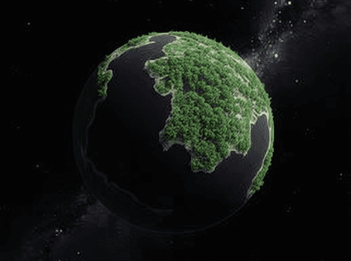 AI generated: a Forest Green Planet with large bodies of water but the waters black and it is floating in outer sp...