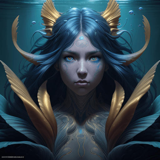 AI generated: anthropomorphic fem incredible creature from the Mariana Trench, ultramarine hair and gold eyes, ult...
