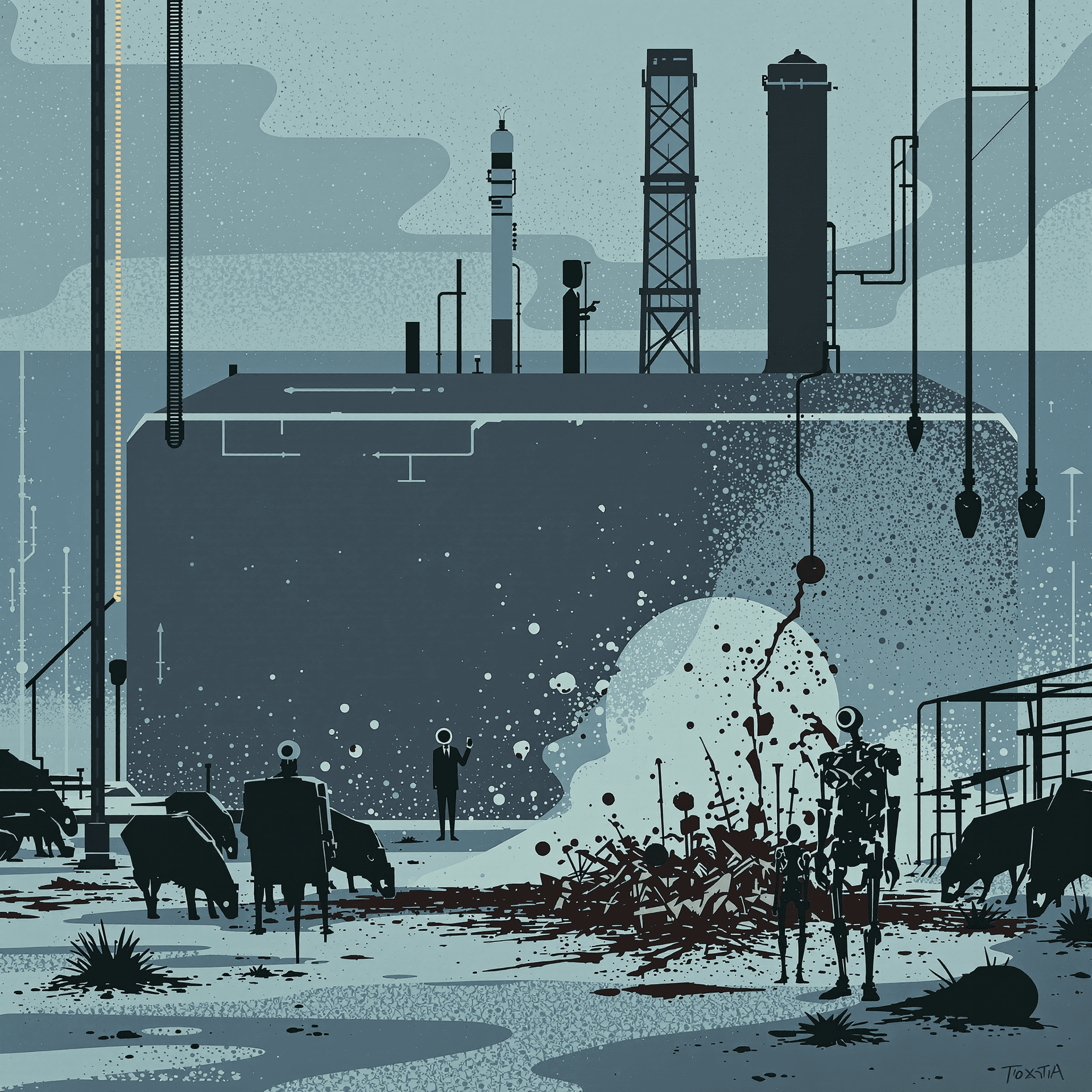 AI generated: Minimalist sci-fi scene depicting a bleak future. Everything is lost. Memories and our souls are gra...