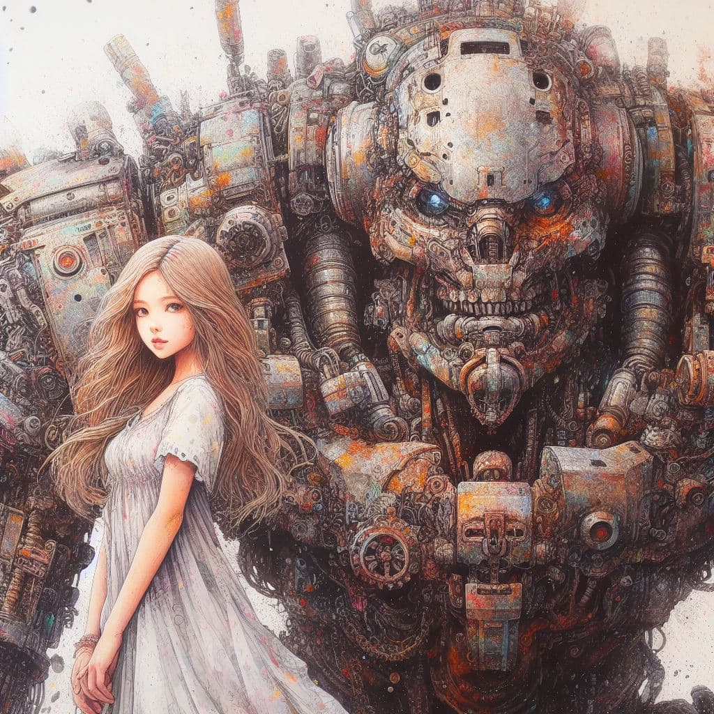 AI generated: a painting of a brutal giant steampunk mech made out of scrap metal, a beautiful girl in front looki...
