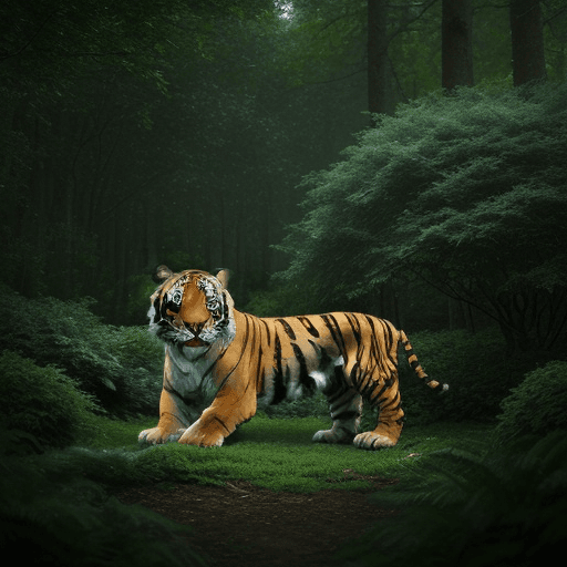 AI generated: The Royal Supreme Tiger,in a cloudy dark-green forest,among bluish bushes,realistic photo,8k.
