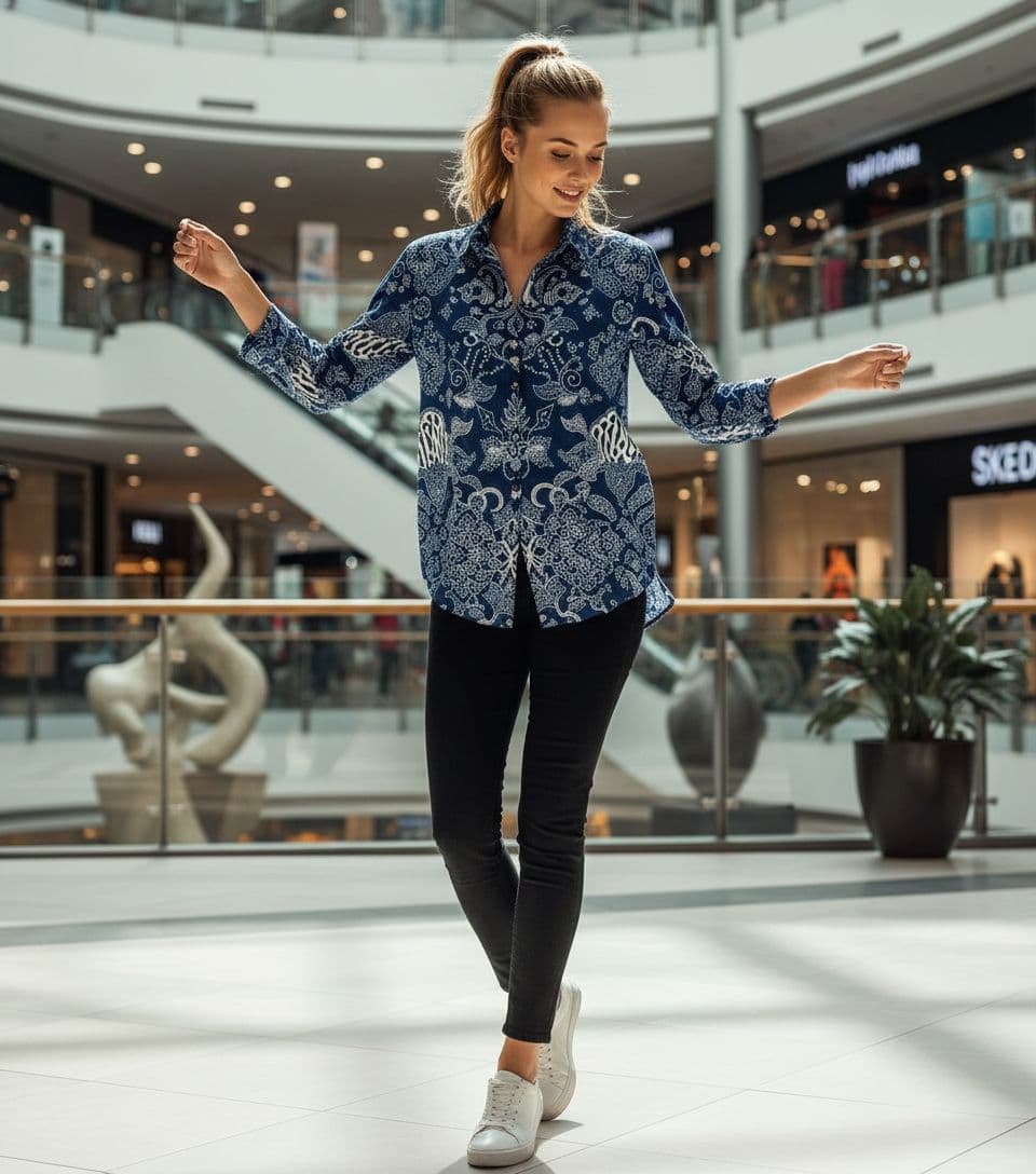 AI generated: Full body shot portrait of a beautiful model, blue eyes, dancing, in blue batik casual shirt, black ...