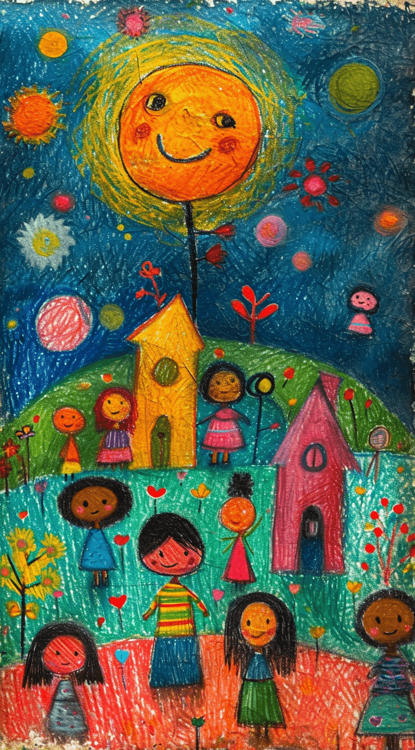 AI generated: a childs drawing of children and a house, in the style of nature-inspired art, photo taken with niko...