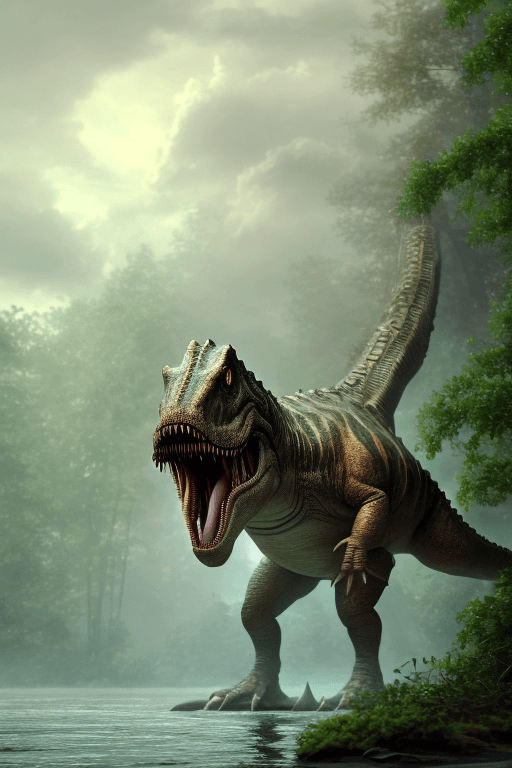 AI generated: titanosaurus, giant walking spinosaurus on hind legs, head of a newt, spinosaurus, large dorsal sail...
