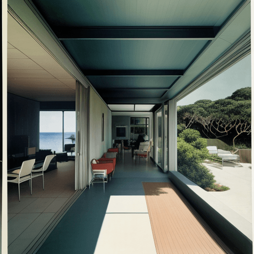 AI generated: Hyper realistic eye level exterior photo of a mid century modern style house overlooking the ocean, ...
