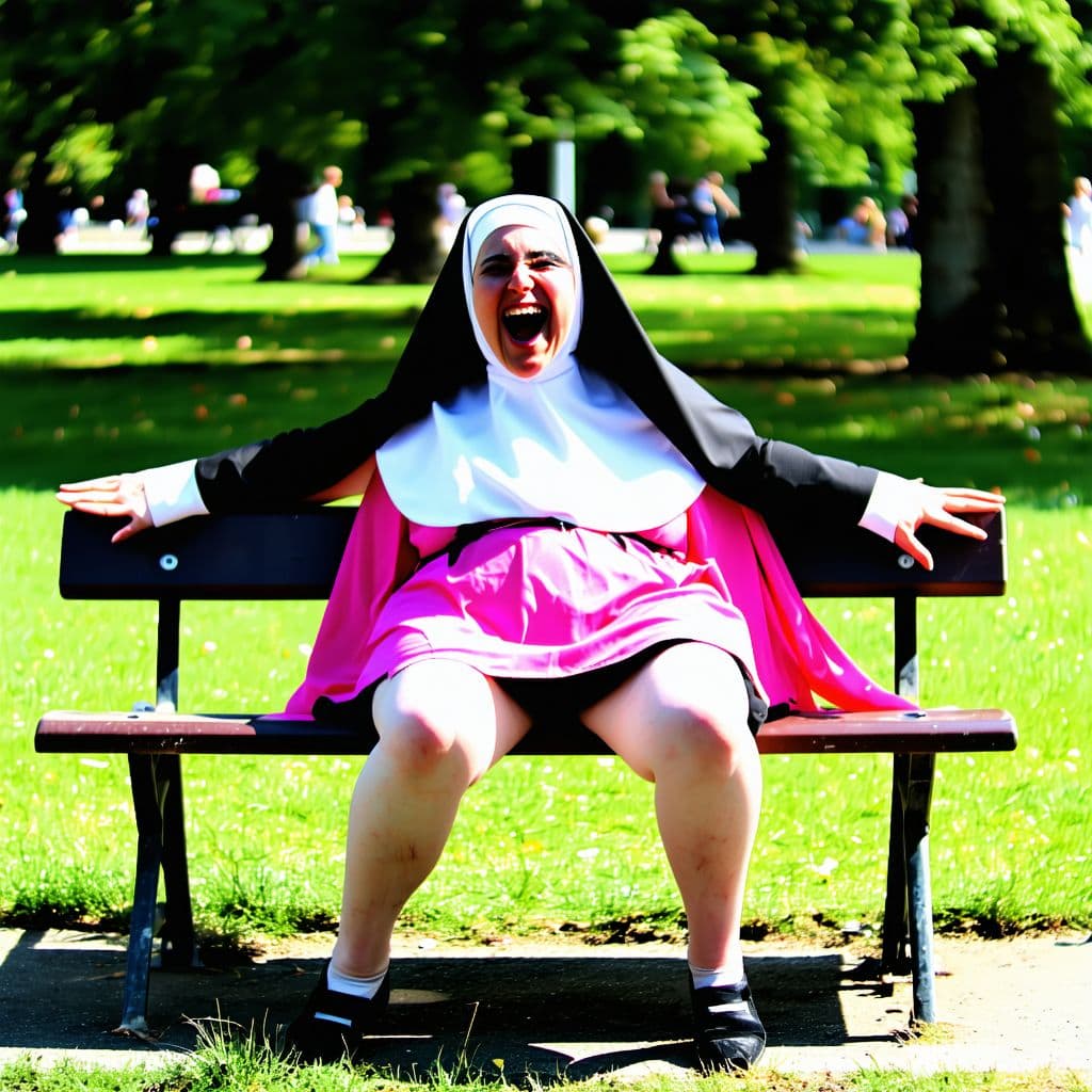 AI generated: drunk nun in short pink habit laughing daemonic and spreading legs on a park bench in a middle of a ...