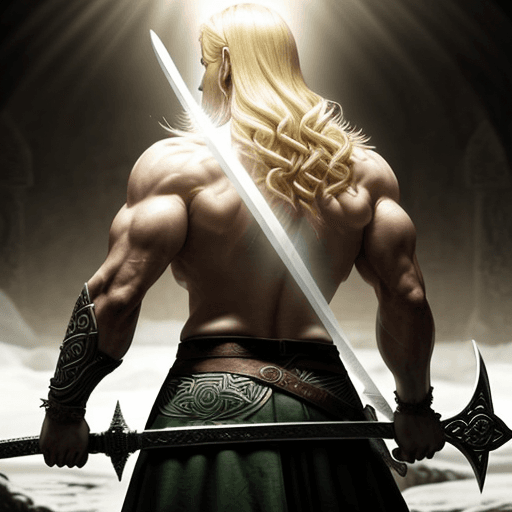 AI generated: a god that have a sword in his hands, blond hairs, muscular, light coming from behind, mystical, cel...