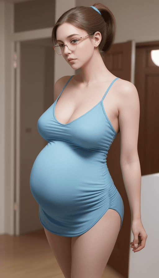AI generated: An attractive 5 month pregnant 23 year old woman with a full figure stands anxiously at an open door...