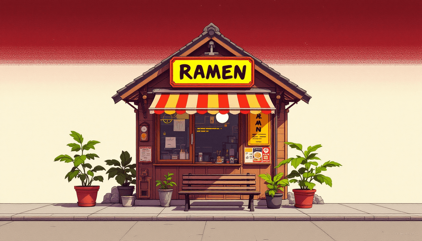 AI generated: A manga anima cartoon, of a small Japanese Koya ramen shop, it is a small little self contained hut,...