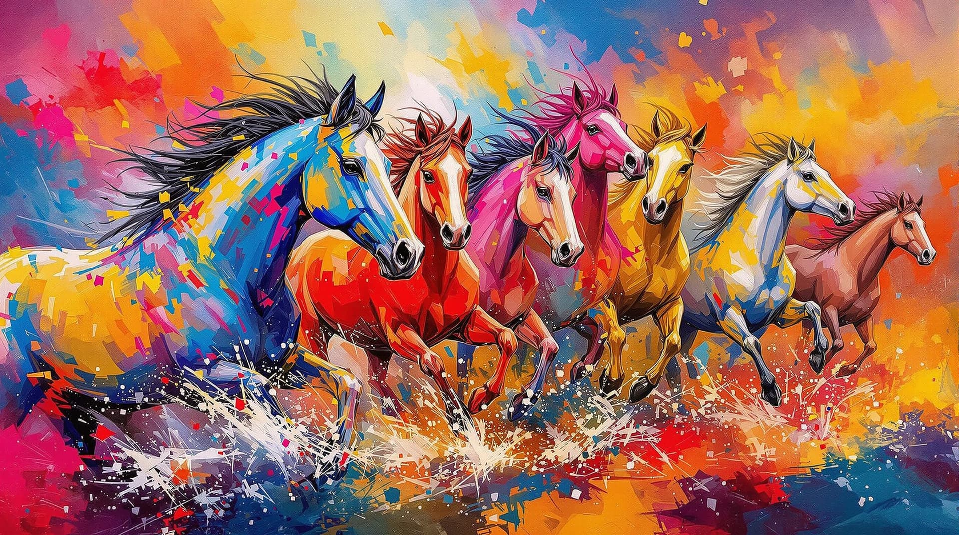 AI generated:    A lively and energetic oil painting in bright, vibrant colors showing    
 wild horses   The styl...