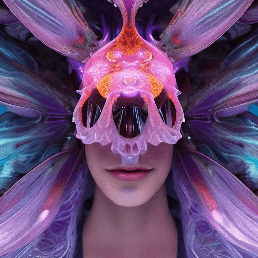 AI generated: Goddess close-up portrait ribcagel. jellyfish phoenix head, nautilus, orchid, skull, betta fish, bio...