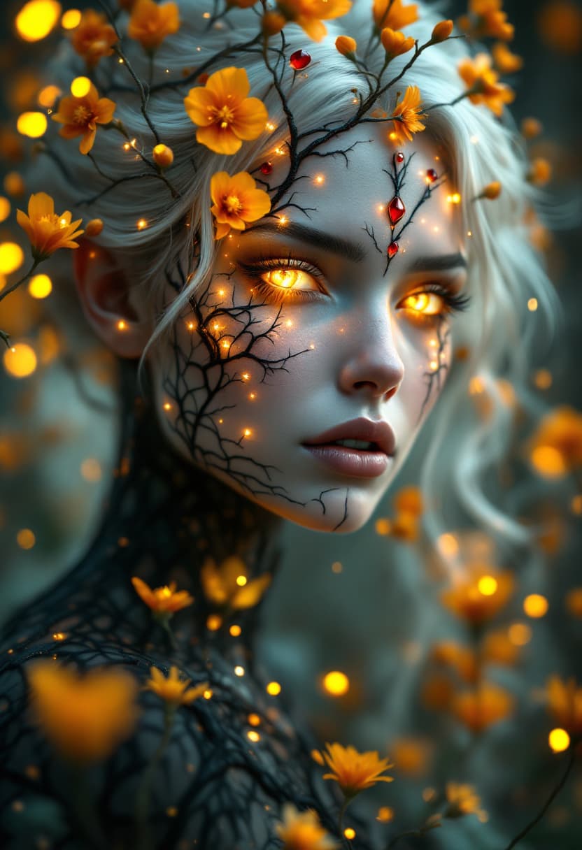AI generated: A mystical ethereal woman with glowing golden eyes, pale porcelain skin, and white hair, adorned wit...