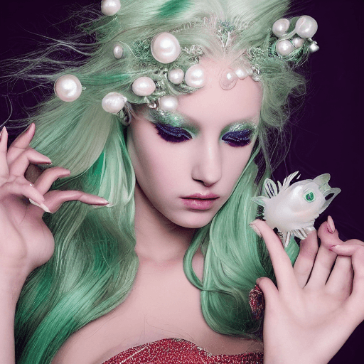 AI generated: Modelshoot Style, Beautiful albino mermaid with silky hair and big reflective green eyes, shimmering...