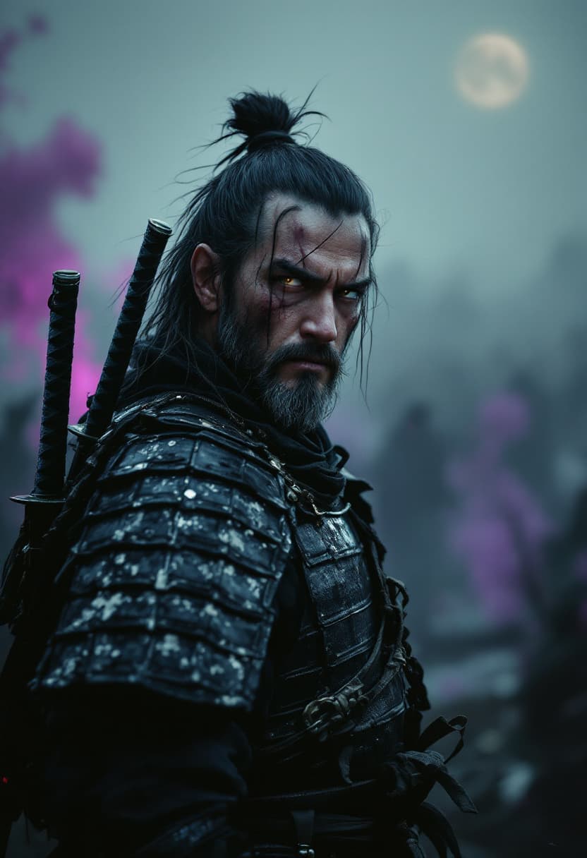 AI generated: a humble weathered samurai standing in the aftermath of battle, facing slightly sideways with full f...