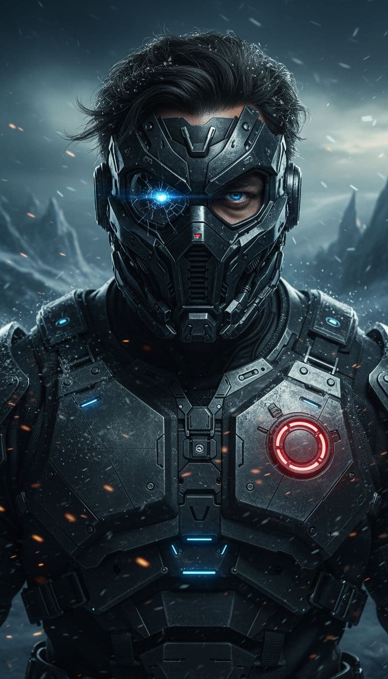 AI generated: “Ultra-detailed close-up portrait of a masked cyber-warrior in a dark, icy environment. The characte...