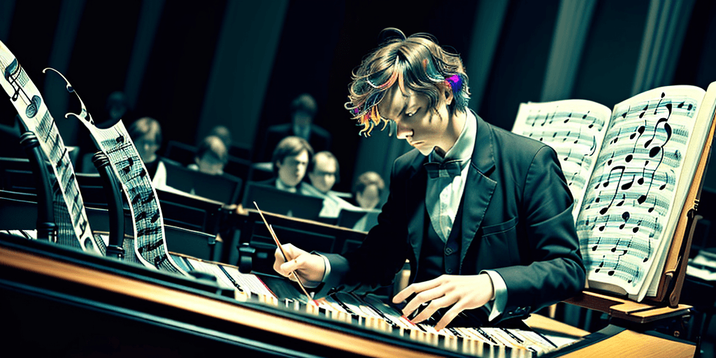 AI generated: music composer totally haunted by the musical notes the symphony the waves of colors in his mind ani...