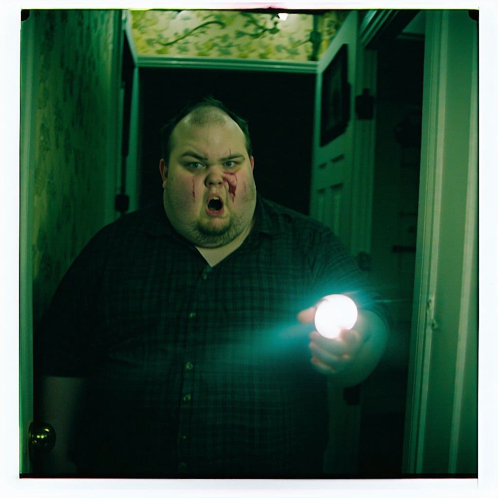 AI generated: Obese british bloke in a creepy haunted house holding a flashlight and he is scared out of his wits,...