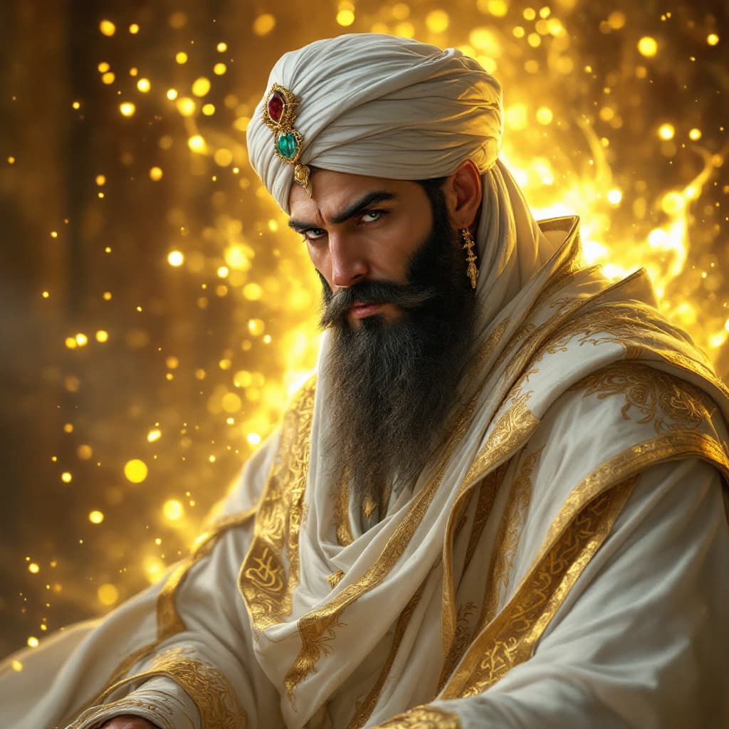 AI generated: A majestic Islamic warrior scholar, wearing a flowing white and gold robe adorned with intricate Ara...
