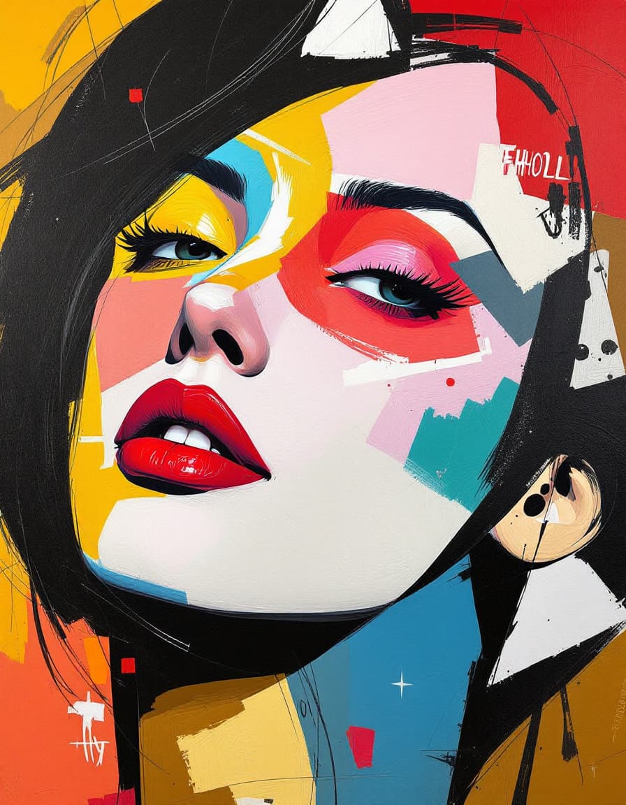 AI generated: Autorretrato modernista, cubismo surrealista de andy wharhol  y jean-Míchel basquear, Jackson polloc...