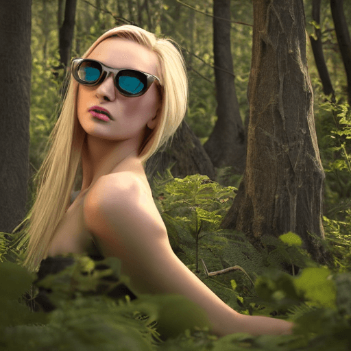 AI generated: Blonde girl with sun glasses in forest with sword . octane render, . cinematic, hyper realism, high ...