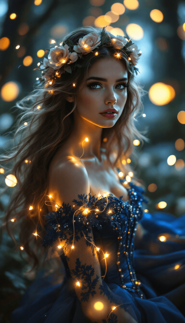 AI generated: A mesmerizing fantasy portrait of an enchanting young woman with long, flowing wavy hair illuminated...