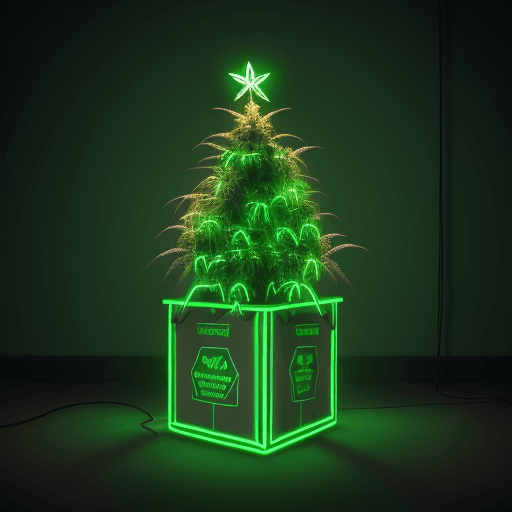 AI generated: hyper realistic box full of hemp crop, green neon lights, xmas ambience
