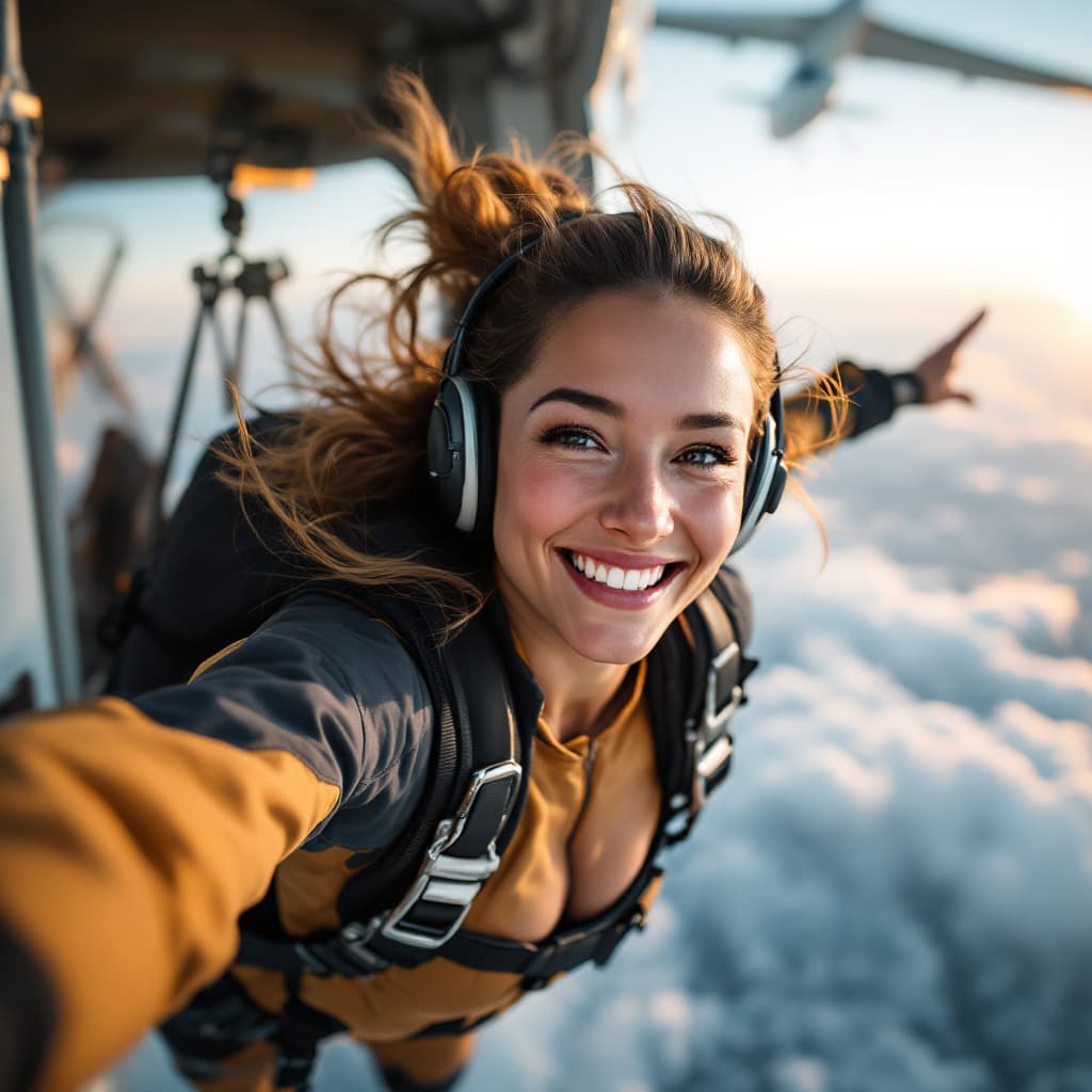 AI generated: 
Go back
female parachutist, jumping from plane, smile, selfie, motion, full body visible, detailed ...