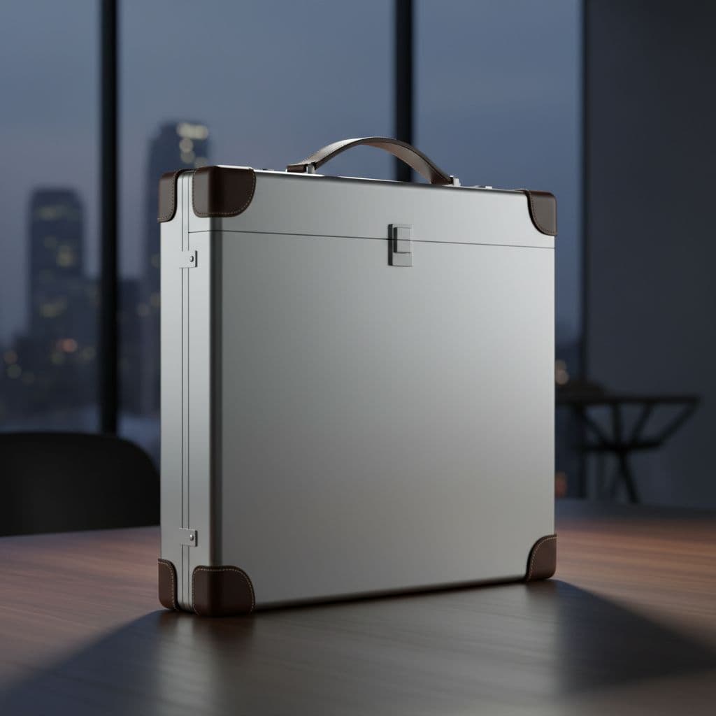 AI generated: silver briefcase smooth sides with leather trims very slim briefcase 