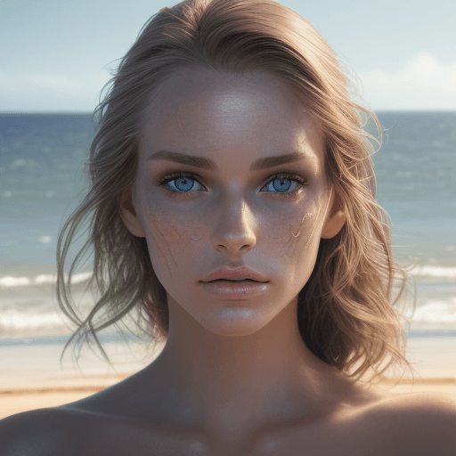 AI generated:  close up of a beautiful american model, beach atmosphere, insanely detailed face and skin, (absurdr...
