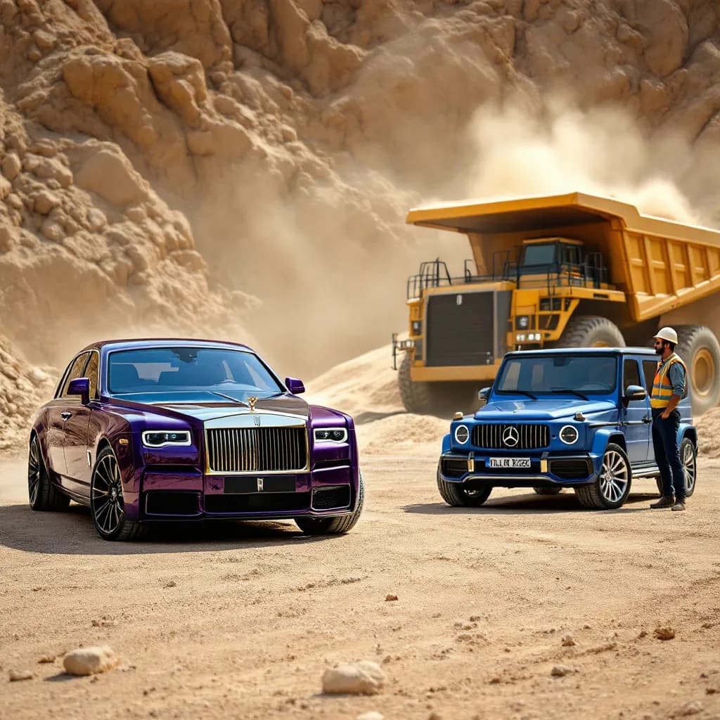 AI generated: A striking scene featuring a purple Rolls-Royce and a blue Mercedes-Benz G-Class parked in the foreg...