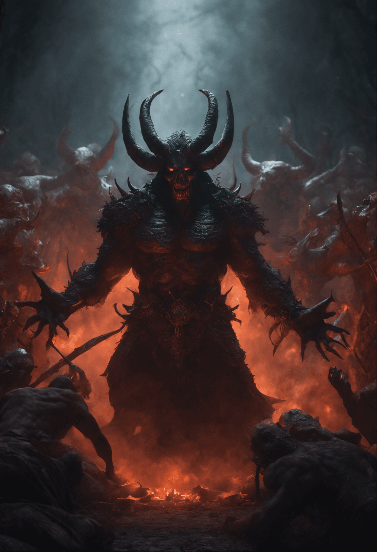 AI generated: Evil Demon Conquers the World, Terror over a pile of corpses, Fantasy, Intricate, Elegant, Highly de...