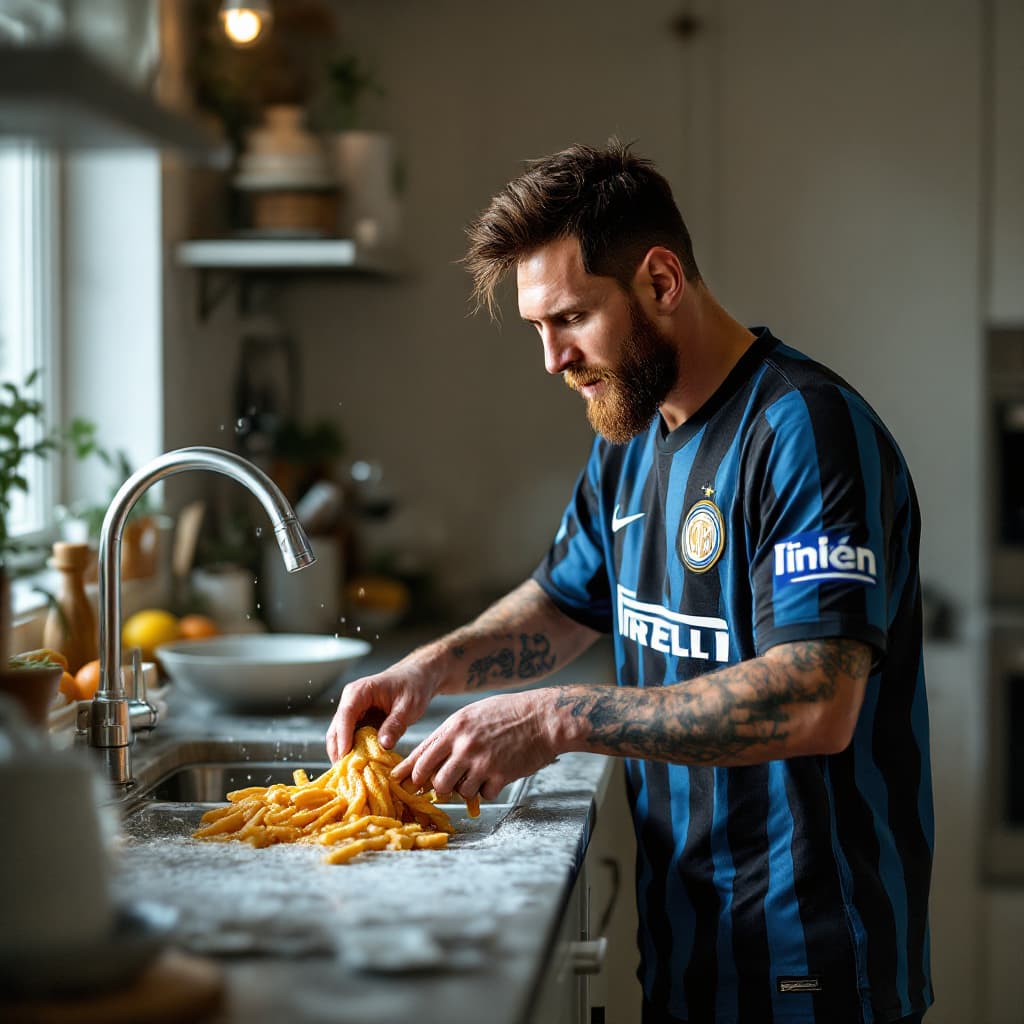 AI generated: High-resolution photography of Lionel Messi, wearing his Inter Miami kit, washing dishes in his poor...