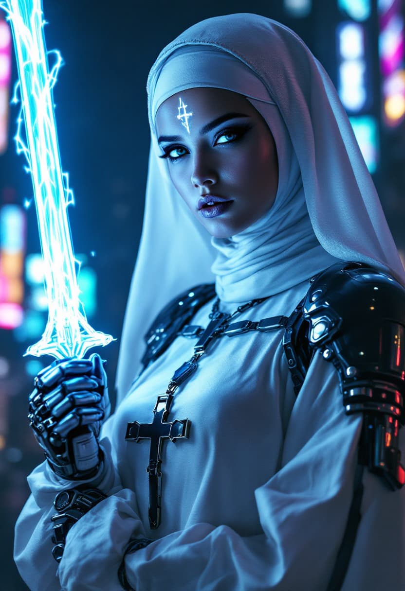 AI generated: cyberpunk style，Battle nun，full body, Glowing forehead tattoo，beautiful eyes，beautiful lips，avant-ga...