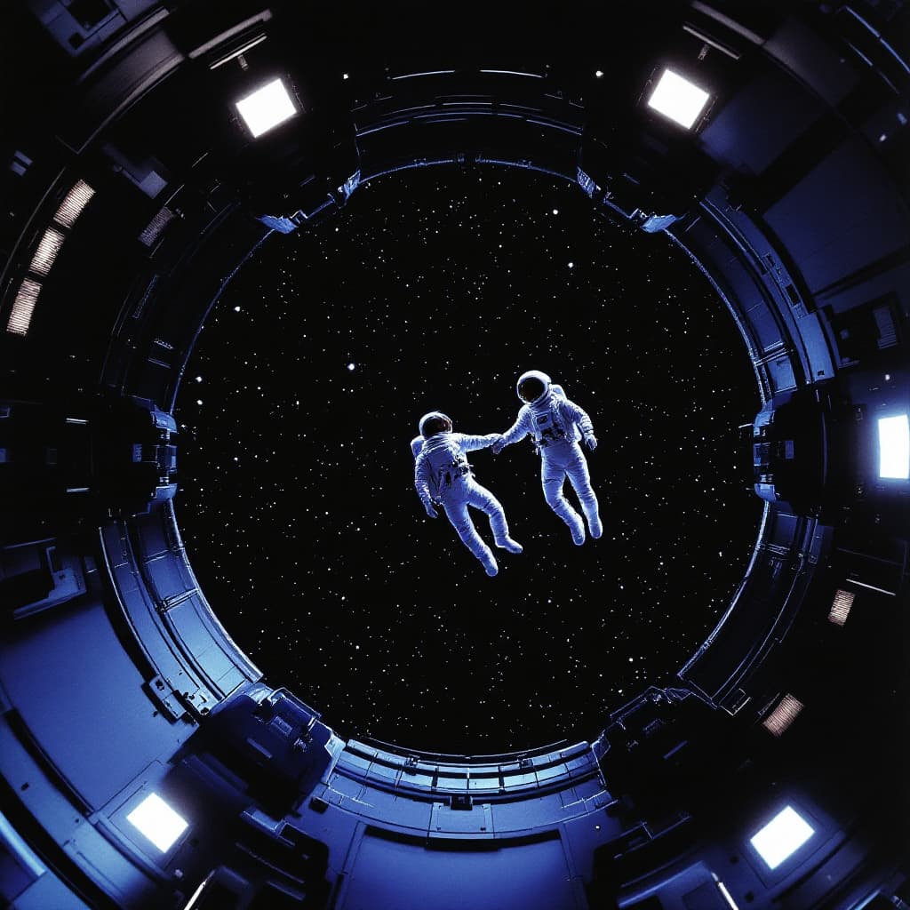AI generated: 80s movie still of the interior view from above, looking down at two astronauts floating in zero gra...