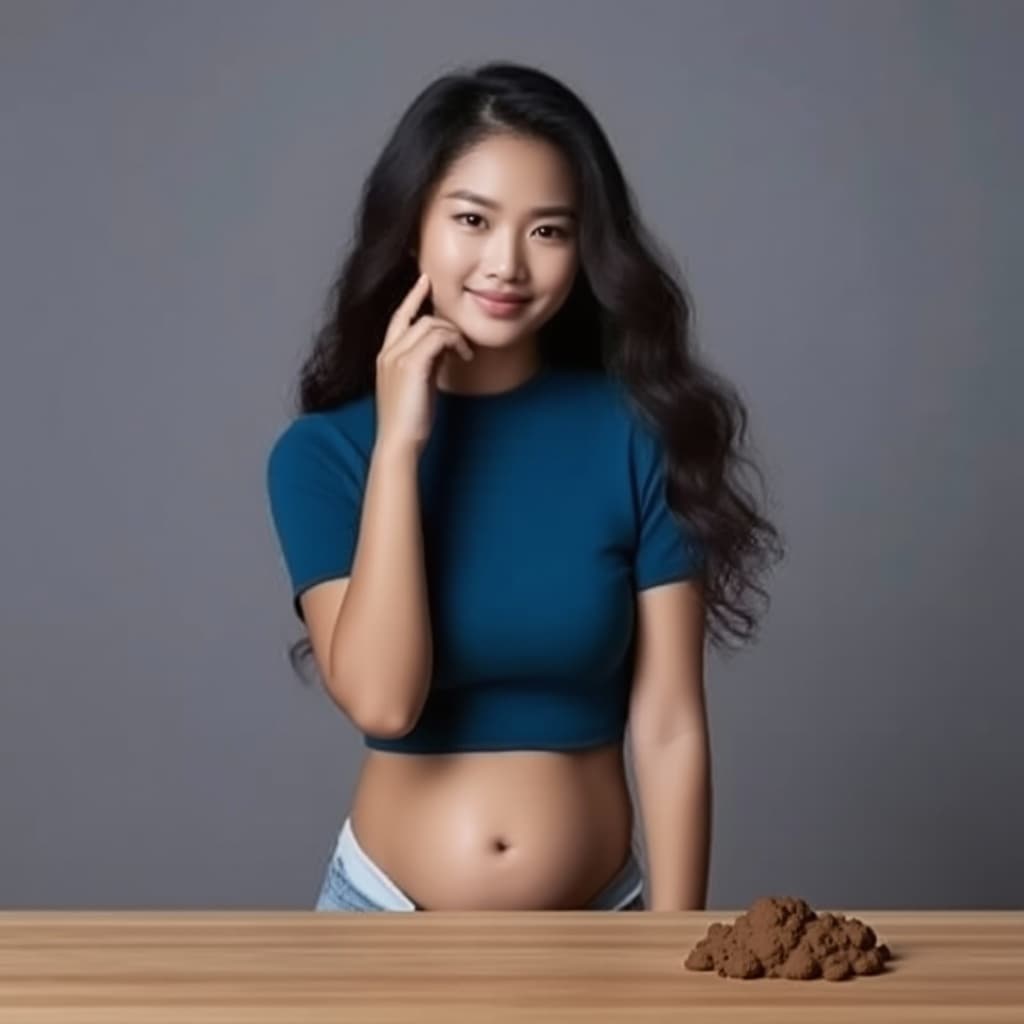 AI generated: 22 year old Asian woman excreting feces out of her butthole in front of a kitchen table, full fronta...