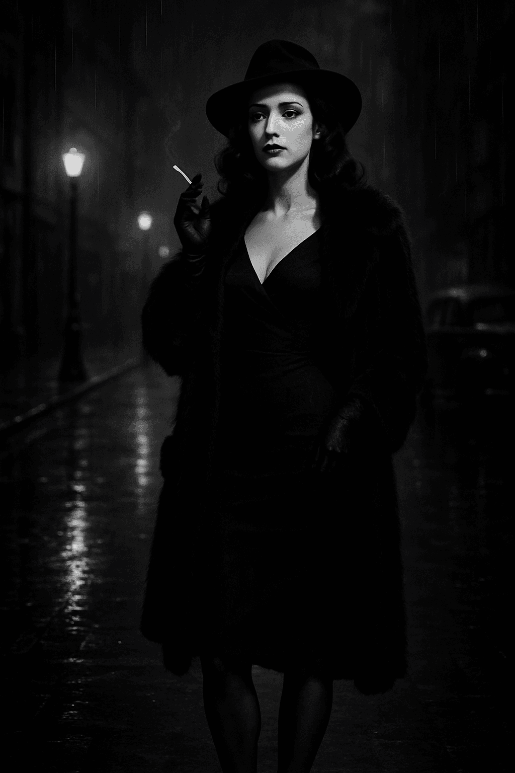 AI generated: générer une image en full body de femme fatale dans le style cinematic noir melancholy