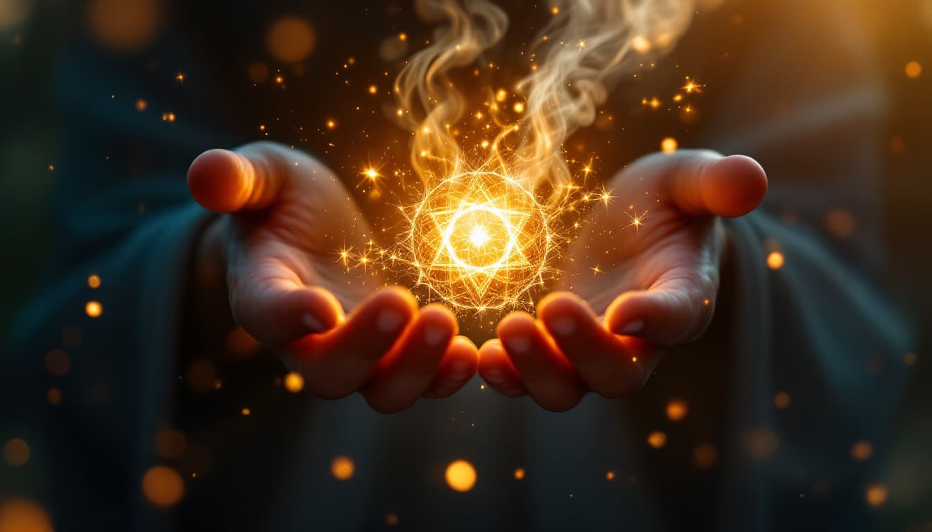 AI generated: Cakra Simbol, casting spells, centered, embers, bokeh, lens flare, light bloom, cinematic lighting, ...