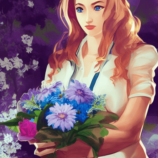 AI generated:  female hero;  style look like game: "bag inside a bag of milk" ; blue flower arrangement; the focus...